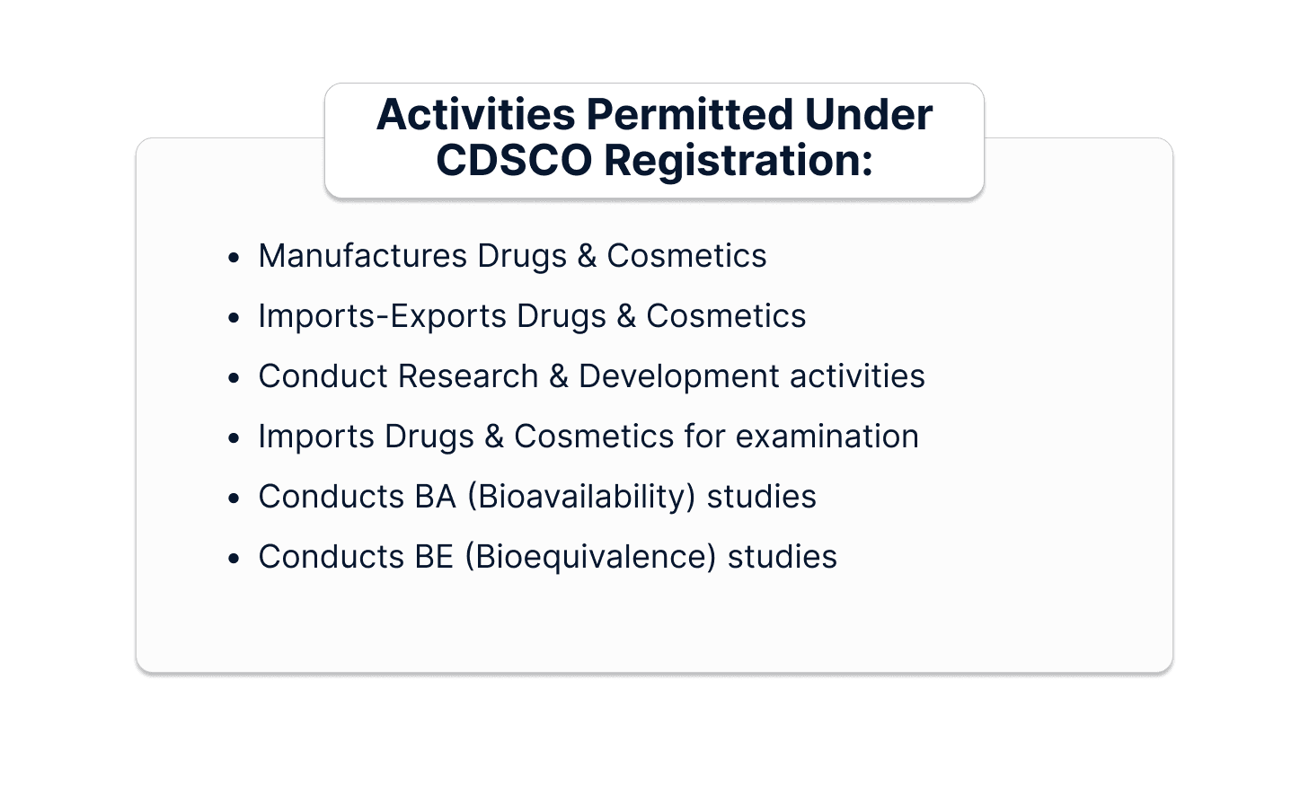 Activities permitted under CDSCO Registration